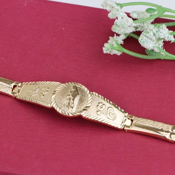 "Engraved Rose Gold Bracelet with Floral and Oval Medallion Design, XPBL1114 - Picture 10 of 12